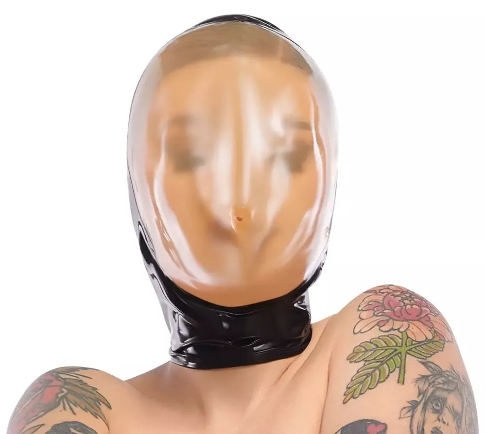 LateX vakuuminė veido kaukė 0,4 mm su nugariniu užtrauktuku, juodas lateksas