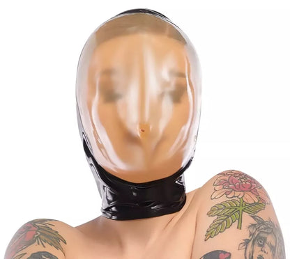 LateX vakuuminė veido kaukė 0,4 mm su nugariniu užtrauktuku, juodas lateksas