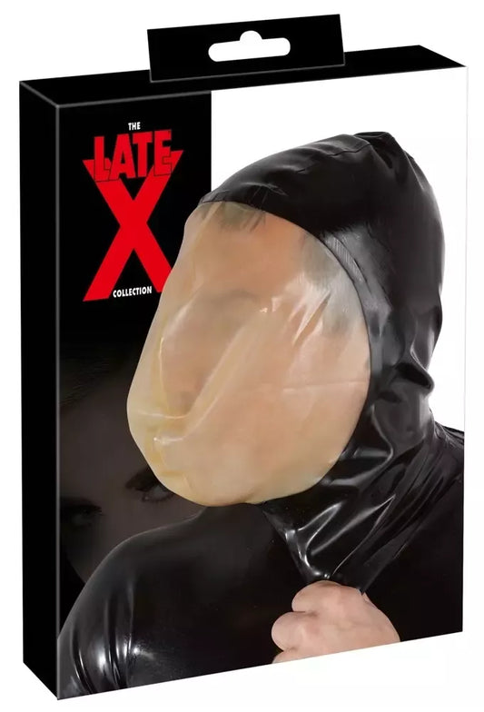 LateX vakuuminė veido kaukė 0,4 mm su nugariniu užtrauktuku, juodas lateksas