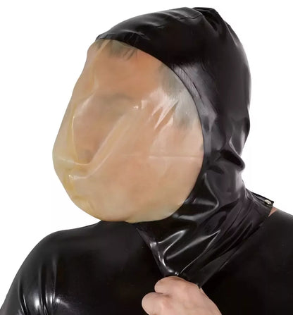 LateX vakuuminė veido kaukė 0,4 mm su nugariniu užtrauktuku, juodas lateksas