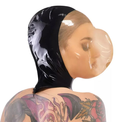 LateX vakuuminė veido kaukė 0,4 mm su nugariniu užtrauktuku, juodas lateksas