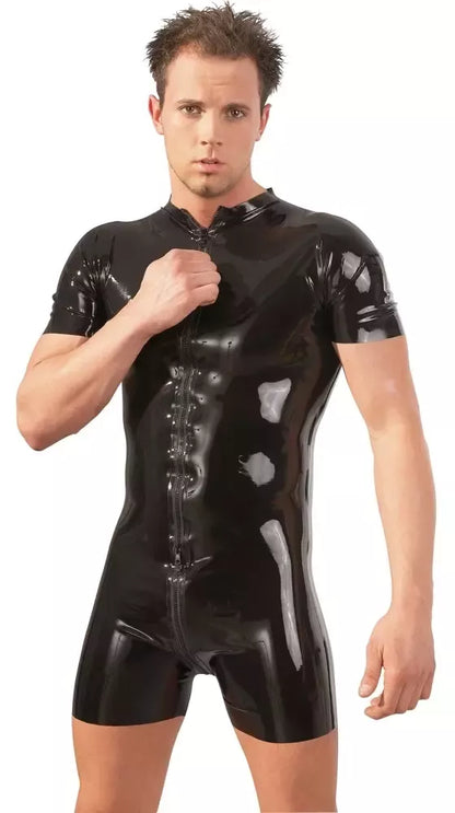 LateX vyriškas lateksinis kombinezonas XL – trijų krypčių užtrauktukas, juodas