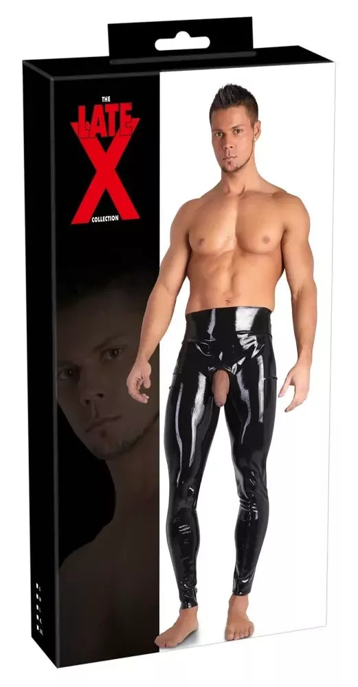 LateX vyriški lateksiniai antblauzdžiai S – juodi, anatomiškai prigludę, su „Showmaster“ anga