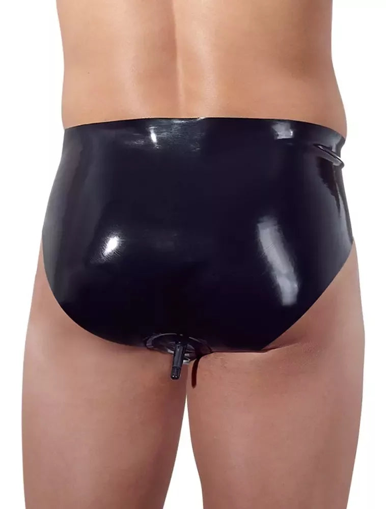 LateX vyriškos lateksinės kelnaitės S dydžio su pripučiamu vidiniu kamščiu, juodos