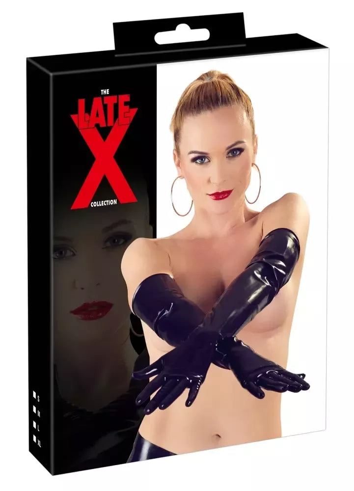 LateX žvilgančios latekso pirštinės iki alkūnių M dydis, juodos, 0,35 mm
