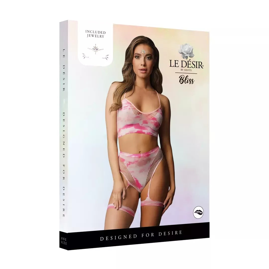 Leg Avenue batikos stiliaus liemenėlės ir aukšto liemens kelnaičių su diržais kojinėms komplektas + akių papuošalas, vienas dydis