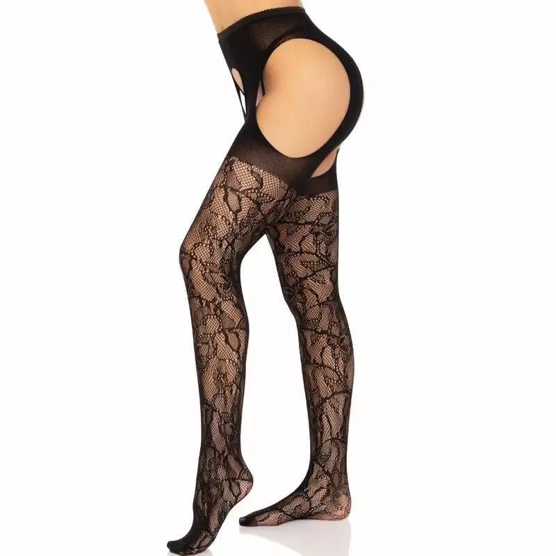 Leg Avenue nėriniuotos kojinės su dirželių imitacija, juodos, vieno dydžio – elegantiškas dizainas