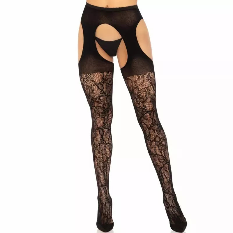 Leg Avenue nėriniuotos kojinės su dirželių imitacija, juodos, vieno dydžio – elegantiškas dizainas