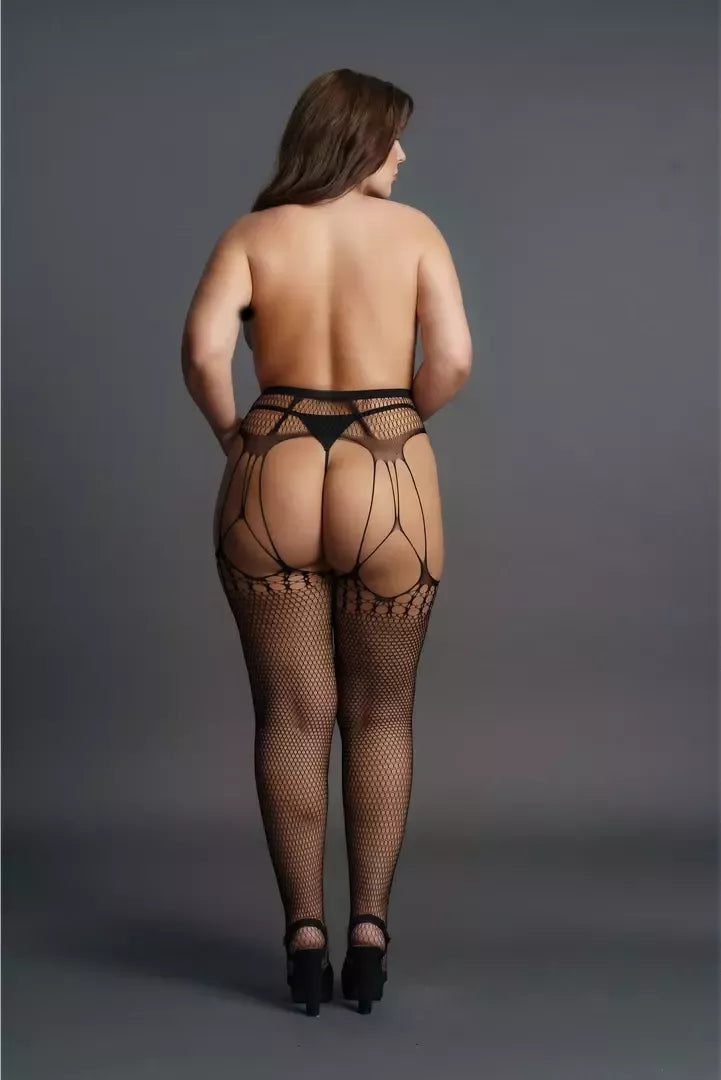 Leg Avenue Plus Size juodos spalvos suplėšyto stiliaus tinklinės pėdkelnės su petnešėlėmis