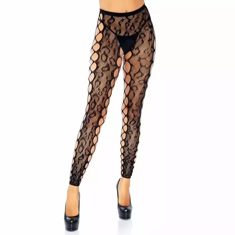 Leg Avenue universalaus dydžio leopardinio rašto pėdkelnės be pėdų su tinklelio intarpais