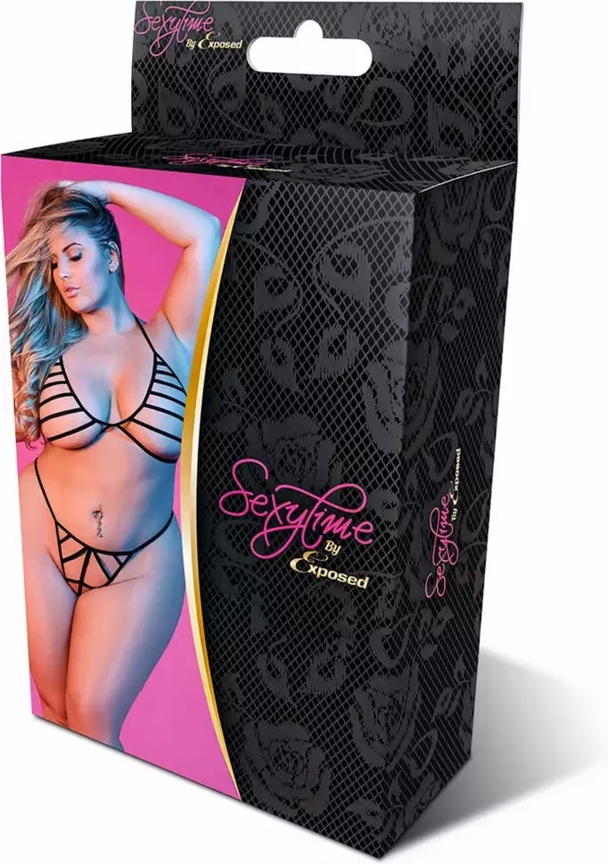 Magic Silk Exposed 2X dydžio juodas suvarstomas liemenėlės ir styginių kelnaičių komplektas, reguliuojamas