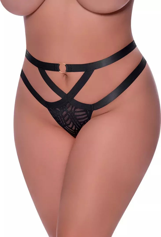 Magic Silk Exposed Cheeky tinklelio kelnaitės su dirželių detalėmis, 2X, juodos