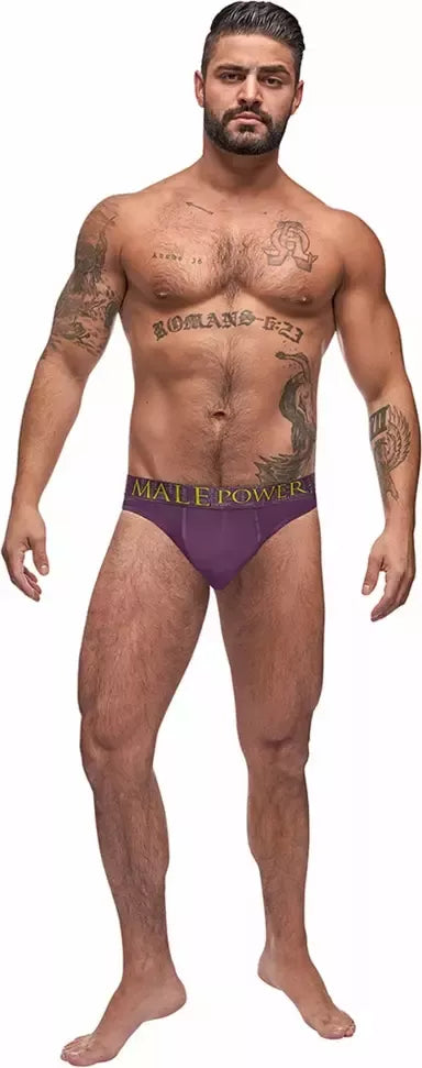 Male Power Avant-Garde Enhancer stygos, L/XL, violetinės spalvos su koliažinio teksto juosta