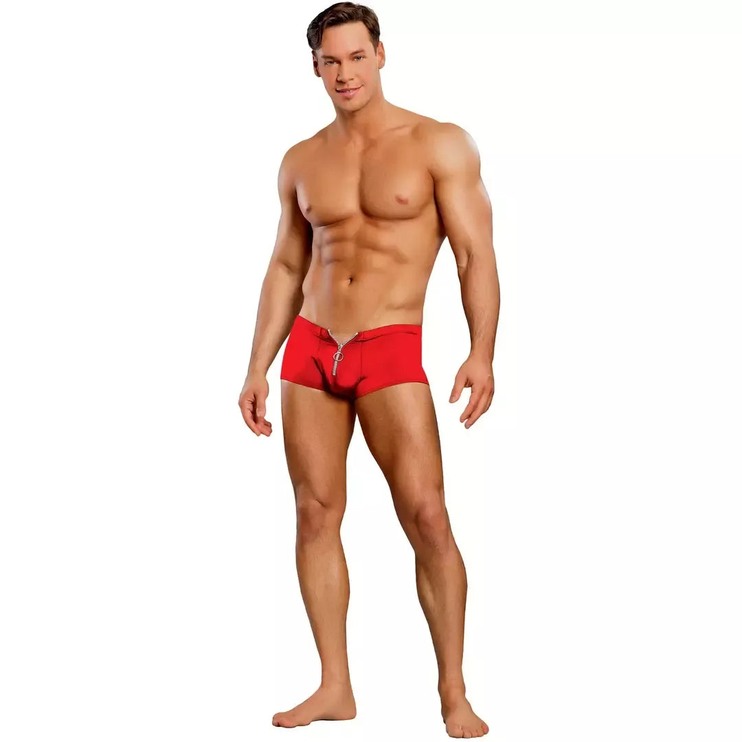 Male Power Nylon Spandex Stretch mini šortai su priekiniu užtrauktuku, L/XL, raudoni