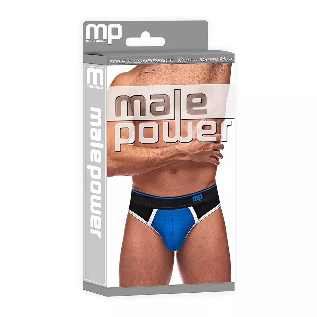 Male Power Retro Sport Panel Thong S/M juoda-mėlyna, kontrastingos detalės