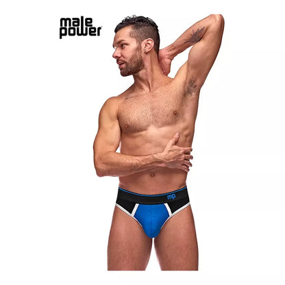 Male Power Retro Sport Panel Thong S/M juoda-mėlyna, kontrastingos detalės