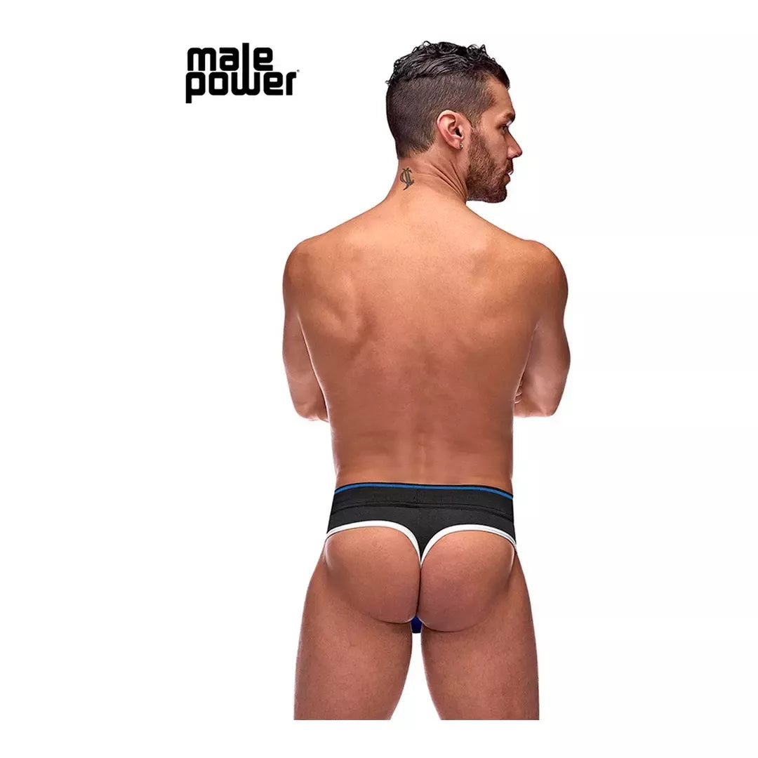Male Power Retro Sport Panel Thong S/M juoda-mėlyna, kontrastingos detalės