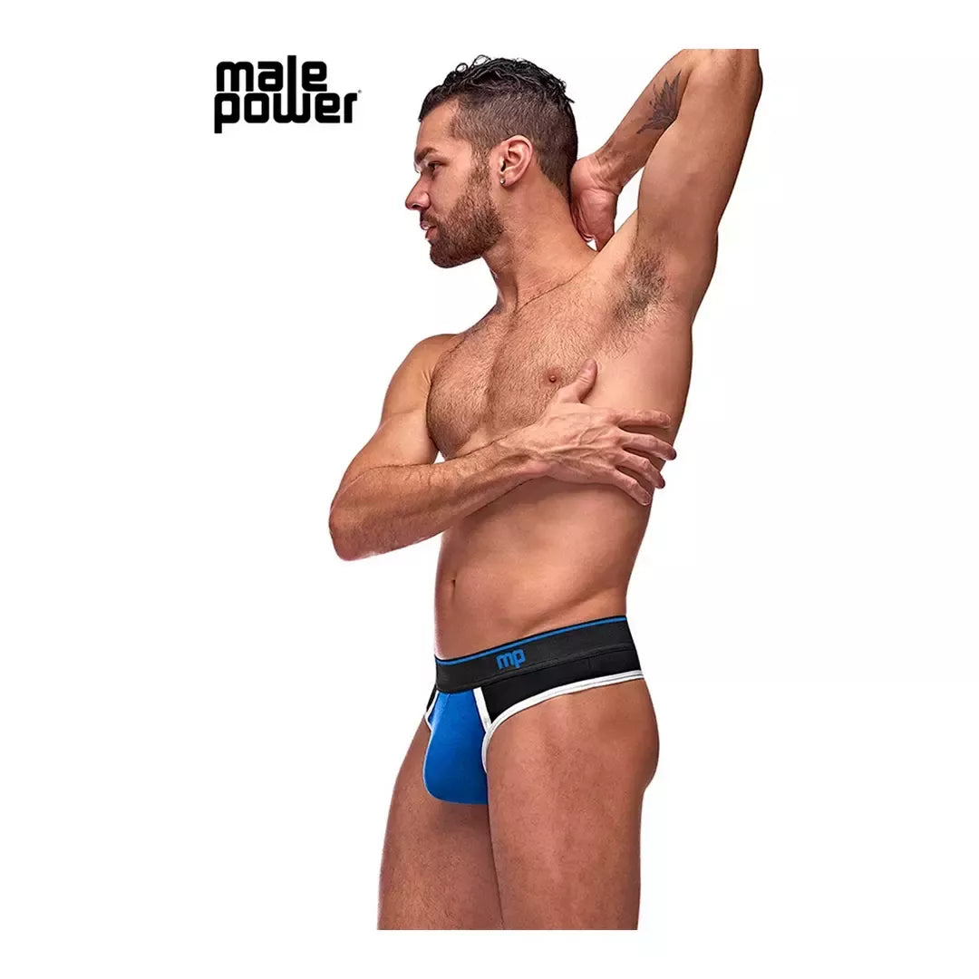 Male Power Retro Sport Panel Thong S/M juoda-mėlyna, kontrastingos detalės