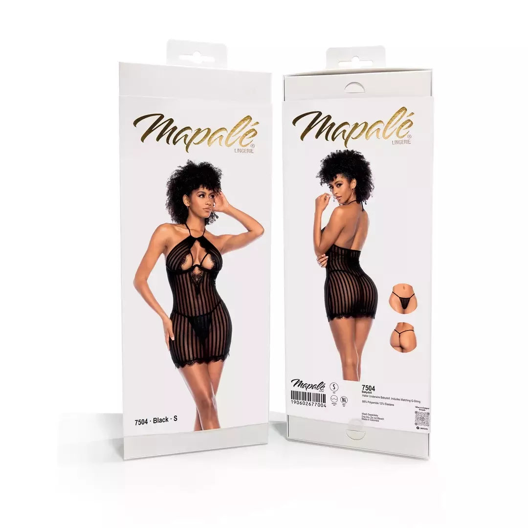 Mapale Babydoll S juodos spalvos su vertikaliais dryžiais ir nėrinių detalėmis