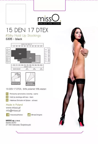 MissO S305 kojinės su silikonine juosta, juodos, S/M - 15 DEN, nėriniuotas viršus