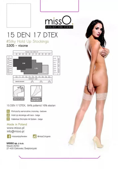 MissO S305 kojinės su silikonine juosta, smėlio spalvos, XXL - 15 DEN, šilkinis paviršius