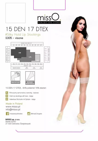 MissO S305 lipnios kojinės baltos S/M – 15 DEN nėriniuotas viršus