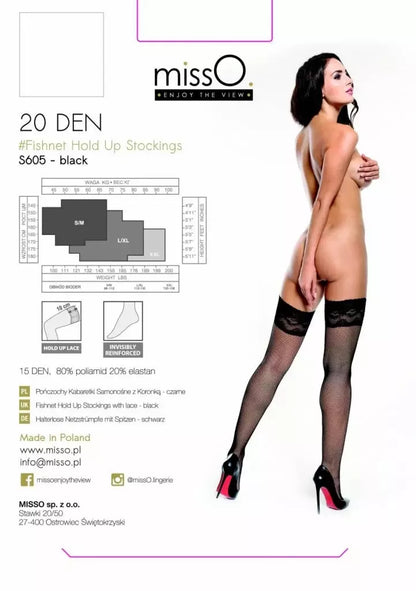 MissO S605 tinklinės kojinės su nėriniuotu viršumi, juodos, L/XL