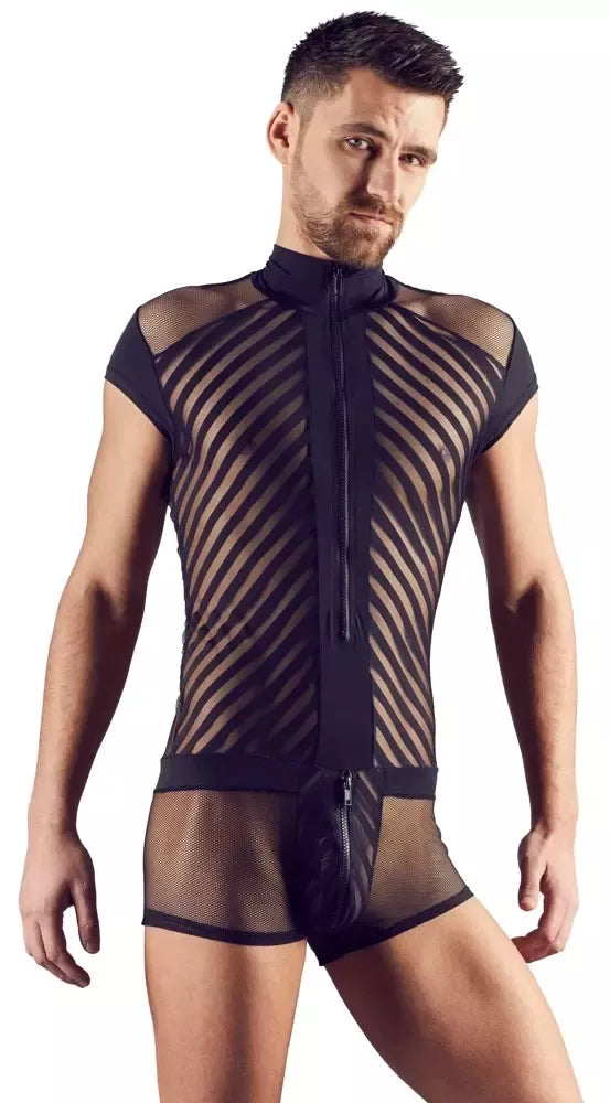 NEK Men’s Playsuit XL juodas tinklelis su dryžiais, priekinis užtrauktukas, orui laidus audinys