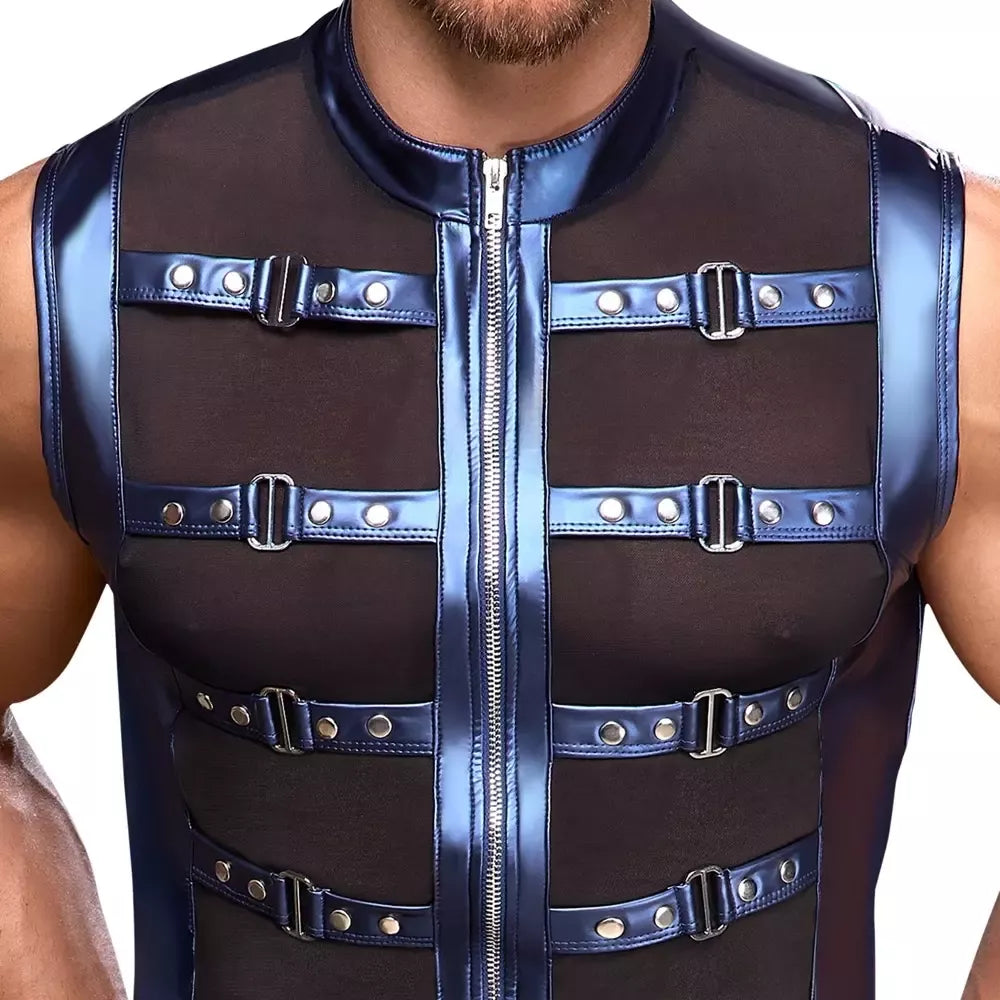 NEK Metallic Blue Shirt L marškinėliai su kniedytų dirželių dizainu ir tinklelio panelėmis