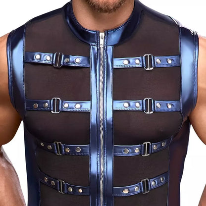NEK Metallic Blue Shirt L marškinėliai su kniedytų dirželių dizainu ir tinklelio panelėmis