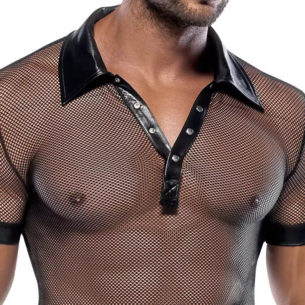NEK polo marškinėliai 2XL, juodi, tinklelis ir „wet look“, modernus dizainas