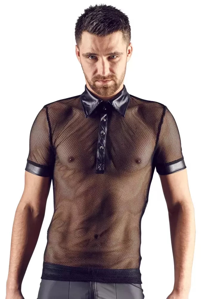 NEK polo marškinėliai L – modernus tinklelio ir „wet look“ derinys, juodi, L dydis