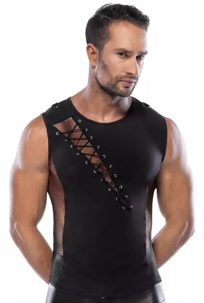 NEK vyriški marškinėliai iš tinklelio ir nepermatomo audinio, 2XL, juodi, su D formos žiedais, tamprūs