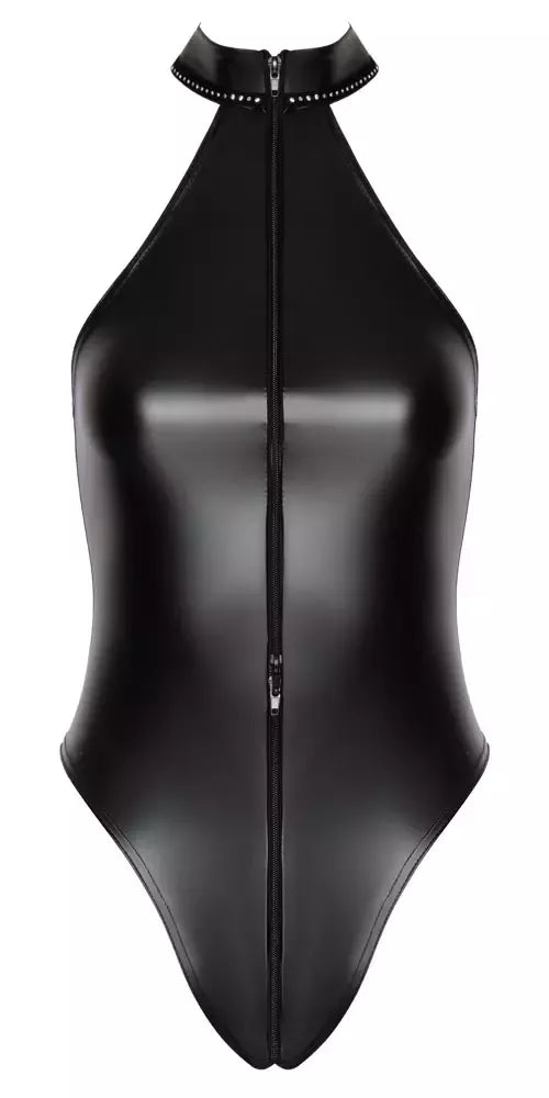 Noir Handmade Body Zip+Glitter XL, juodas „powerwetlook“, apykaklė su cirkoniais