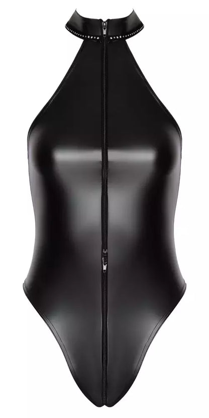 Noir Handmade Body Zip+Glitter XL, juodas „powerwetlook“, apykaklė su cirkoniais