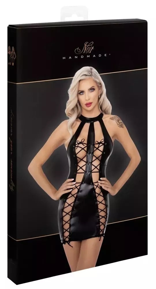 Noir Handmade Dress S juoda Powerwetlook su reguliuojamu suvarstymu priekyje