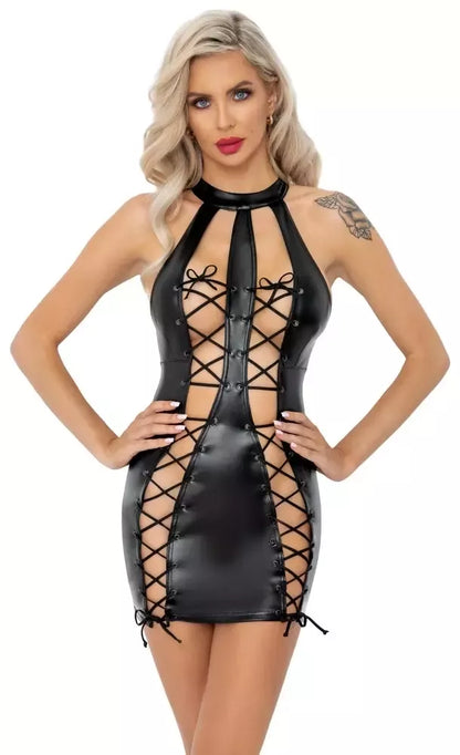 Noir Handmade Dress S juoda Powerwetlook su reguliuojamu suvarstymu priekyje