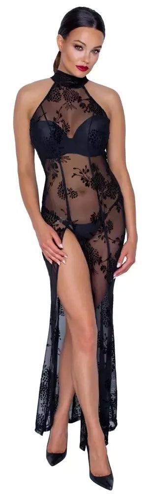 Noir Handmade ilga suknelė L – gėlėtas „powernet“, aukštas skeltukas, juoda