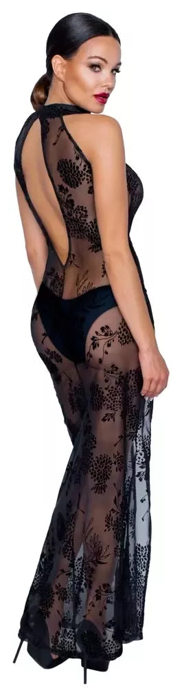 Noir Handmade ilga suknelė L – gėlėtas „powernet“, aukštas skeltukas, juoda