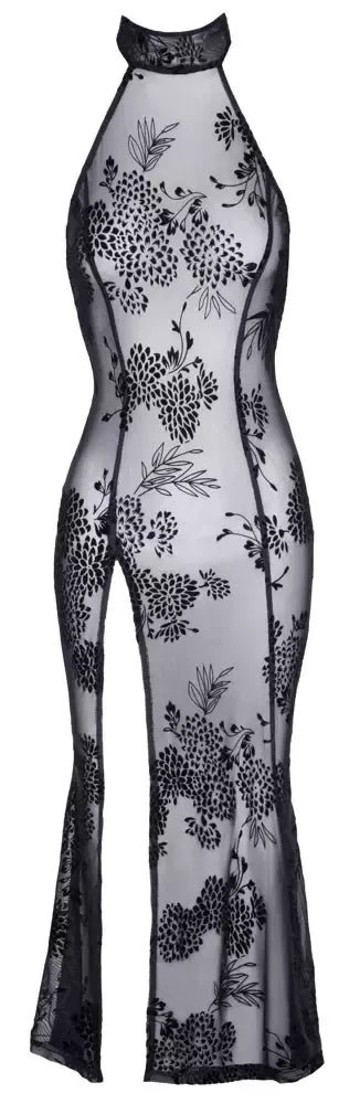 Noir Handmade ilga suknelė L – gėlėtas „powernet“, aukštas skeltukas, juoda