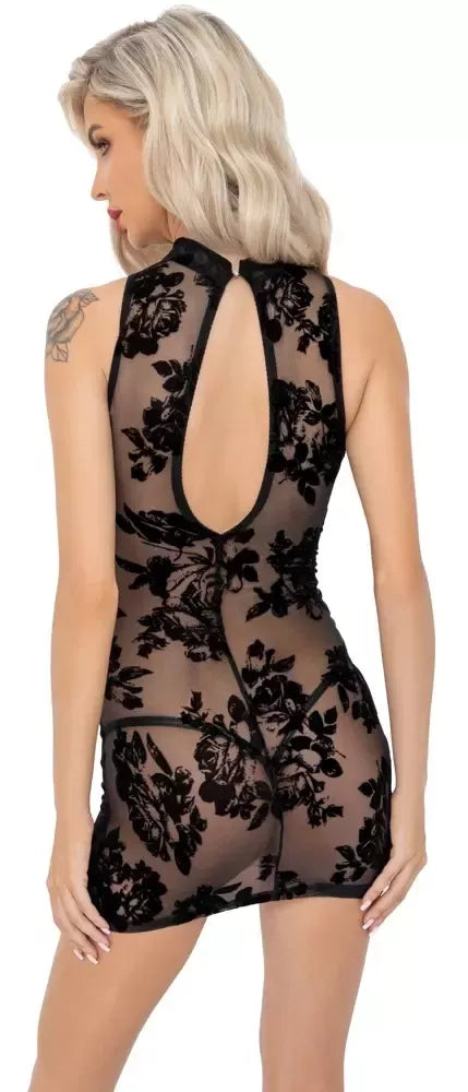 Noir Handmade mini suknelė XL, gėlėtas veliūrinis tiulis, juoda