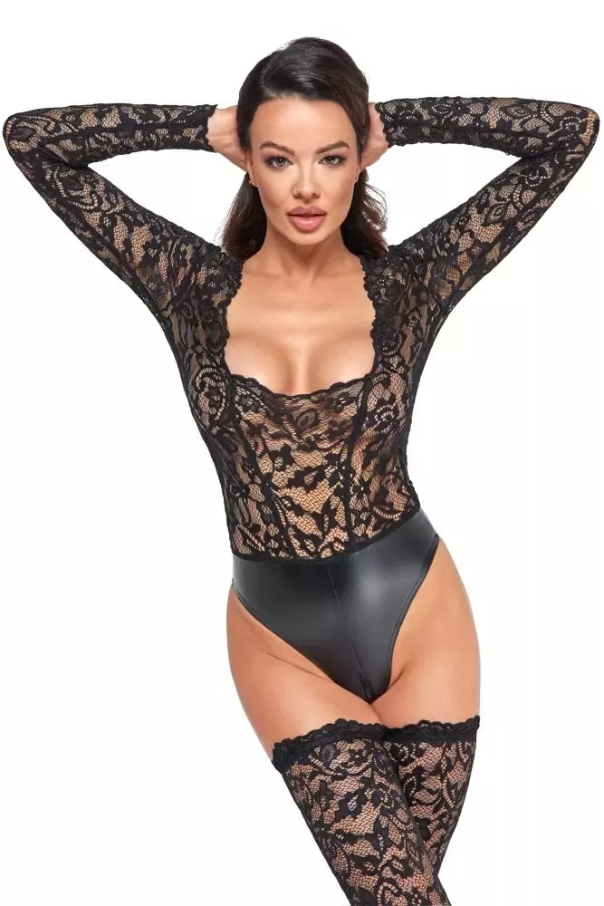 Noir Handmade nėrinių ir drėgno efekto ilgarankovis bodis XL