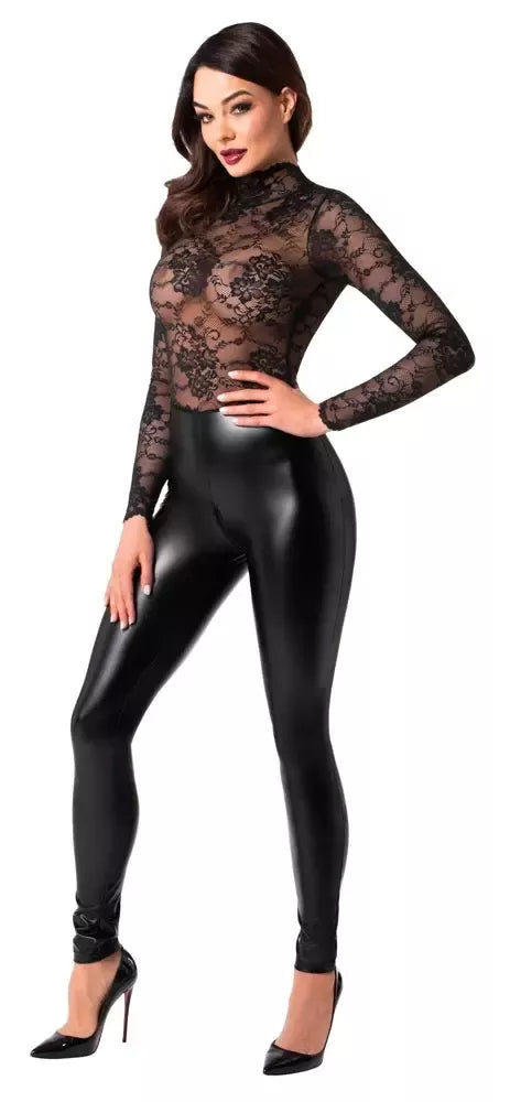 Noir Handmade Orgia Exclusive nėriniuotas ir „powerwetlook“ kombinezonas M Juodas