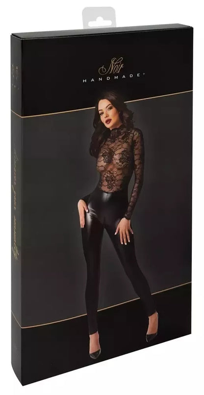 Noir Handmade Orgia Exclusive nėriniuotas ir „powerwetlook“ kombinezonas M Juodas
