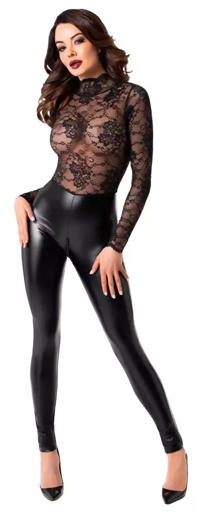 Noir Handmade Orgia Exclusive nėriniuotas ir „powerwetlook“ kombinezonas M Juodas