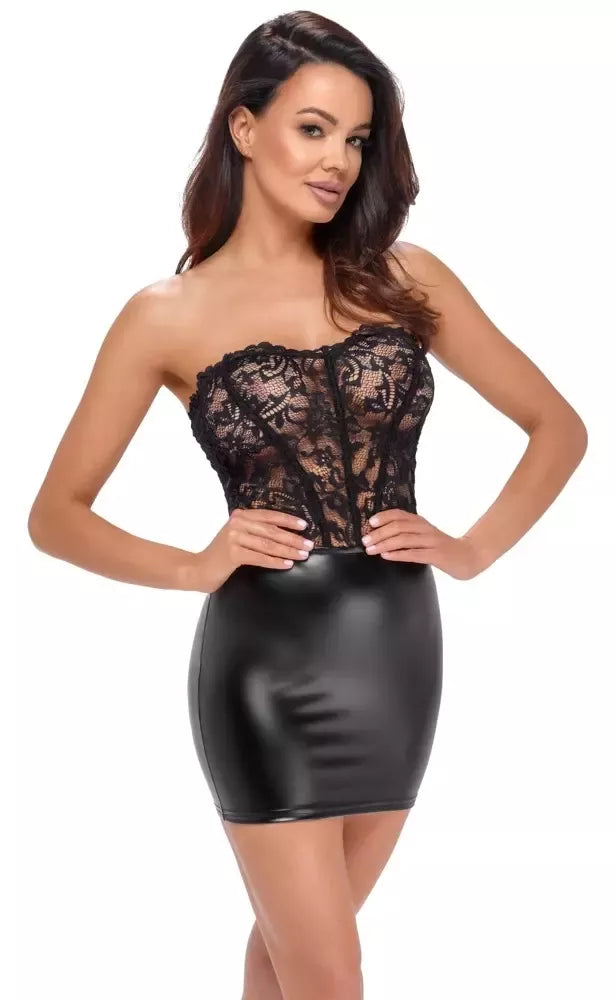 „Noir Handmade S“ suknelė – juodi nėriniai ir „powerwetlook“, korsetas nugaroje