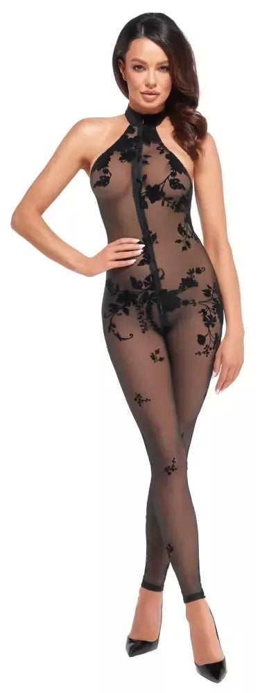 Noir Handmade tinklinis kombinezonas XL su 3 krypčių užtrauktuku ir gėlėtu veliūriniu raštu
