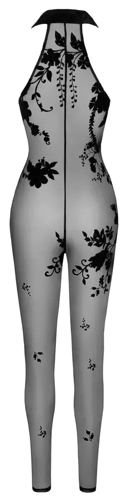 Noir Handmade tinklinis kombinezonas XL su 3 krypčių užtrauktuku ir gėlėtu veliūriniu raštu