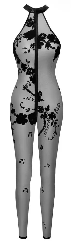 Noir Handmade tinklinis kombinezonas XL su 3 krypčių užtrauktuku ir gėlėtu veliūriniu raštu