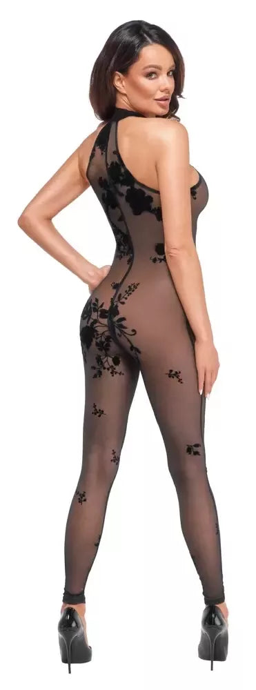 Noir Handmade tinklinis kombinezonas XL su 3 krypčių užtrauktuku ir gėlėtu veliūriniu raštu